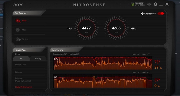 Acer-Nitro-7 fans operate at a speed of 2100-2600 rpm